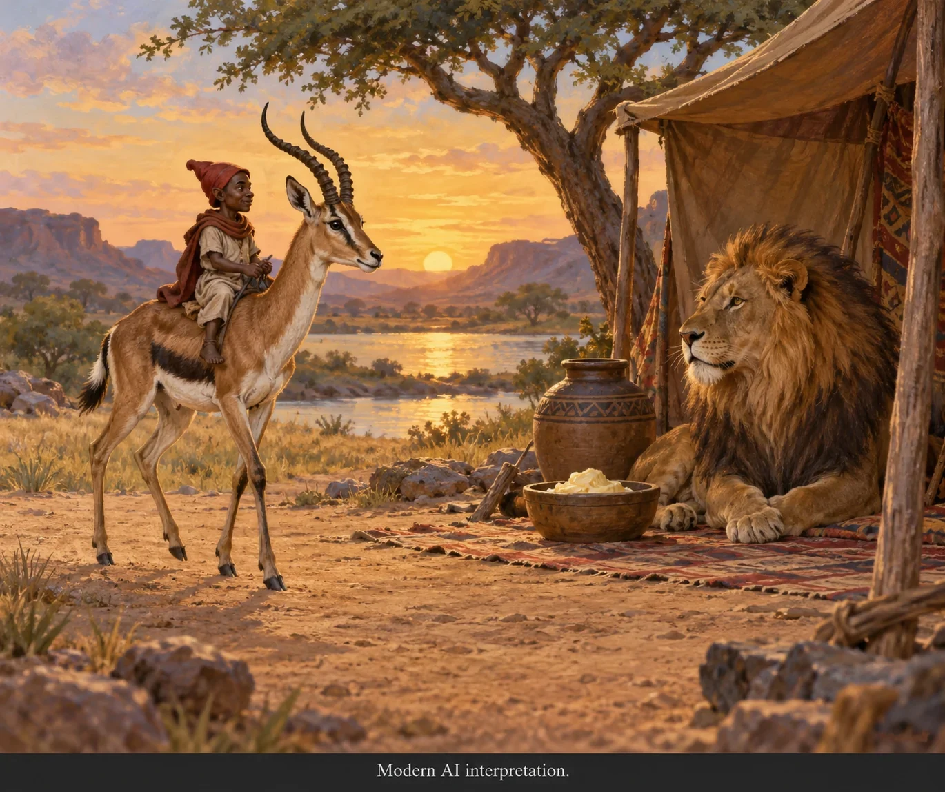 AI interpretation of Niguinigui arriving on a gazelle.