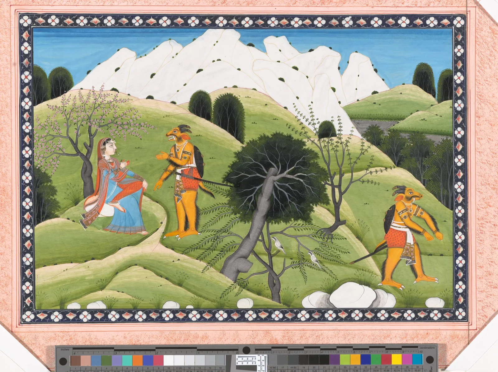 Sugriva appears twice as an orange horned, tailed messenger with a sword and shield: speaking to seated Parvati at left, then departing at right, in a green mountain landscape with a flowered border.