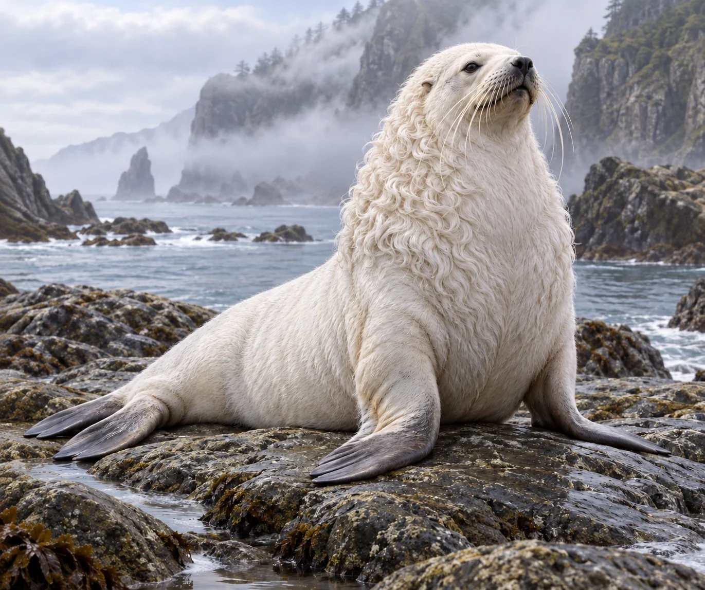 Unofficial AI interpretation of adult Kotick at the sheltered rookery, following his white fur, curly shoulder mane and moustache. Fine anatomy, eye shade and coastline are imagined literary staging, not a real subspecies plate or albinism diagnosis.