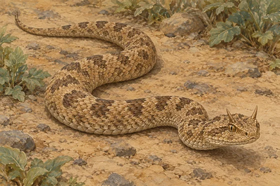 Whole imagined horned-viper-like snake with two horns and a continuous S-curved body.