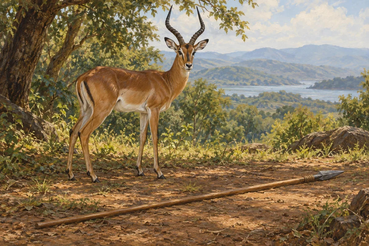 AI contextual association with Kiranga’s antelope episode and Binego’s spear. Forms and setting imagined; not a spirit portrait or ritual reconstruction.