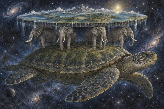 An imagined Great A'Tuin carries four elephants and the Disc.