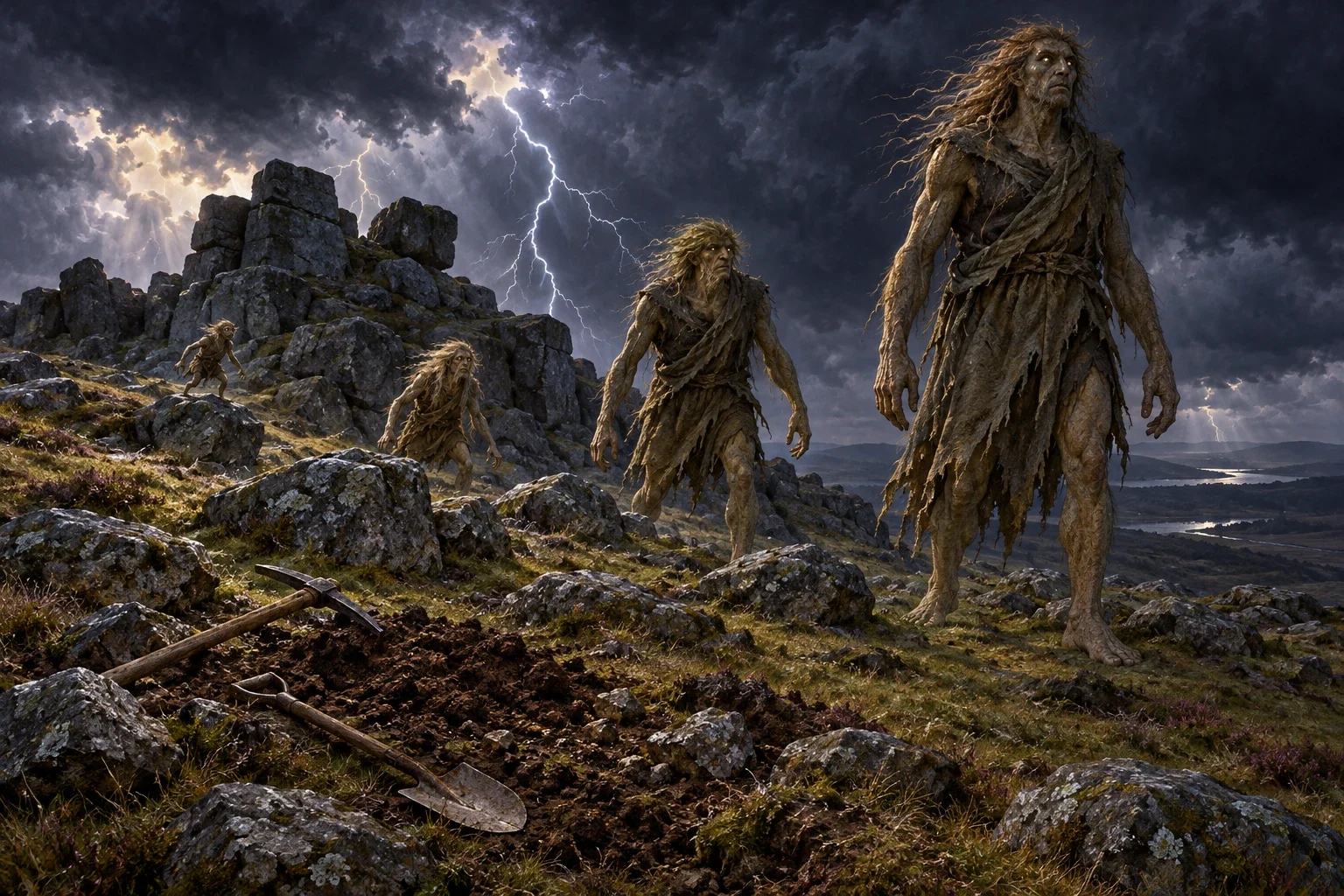 Imagined Spriggans of differing sizes among storm-lit rocks on a Cornish hill, with abandoned digging tools