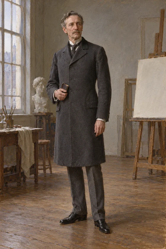AI literary interpretation of Major Monarch standing upright in a fitted dark-gray walking coat during his first studio visit.