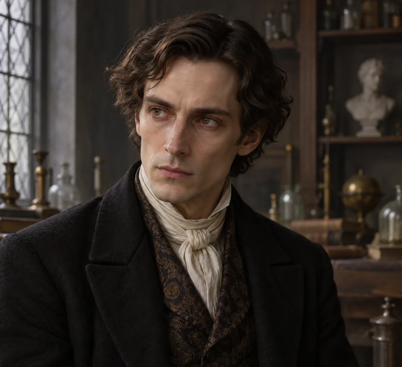 Independent head-and-shoulders literary portrait of Aylmer: pale intellectual face and slender shoulders, intent and preoccupied expression, complete head inside generous margins.