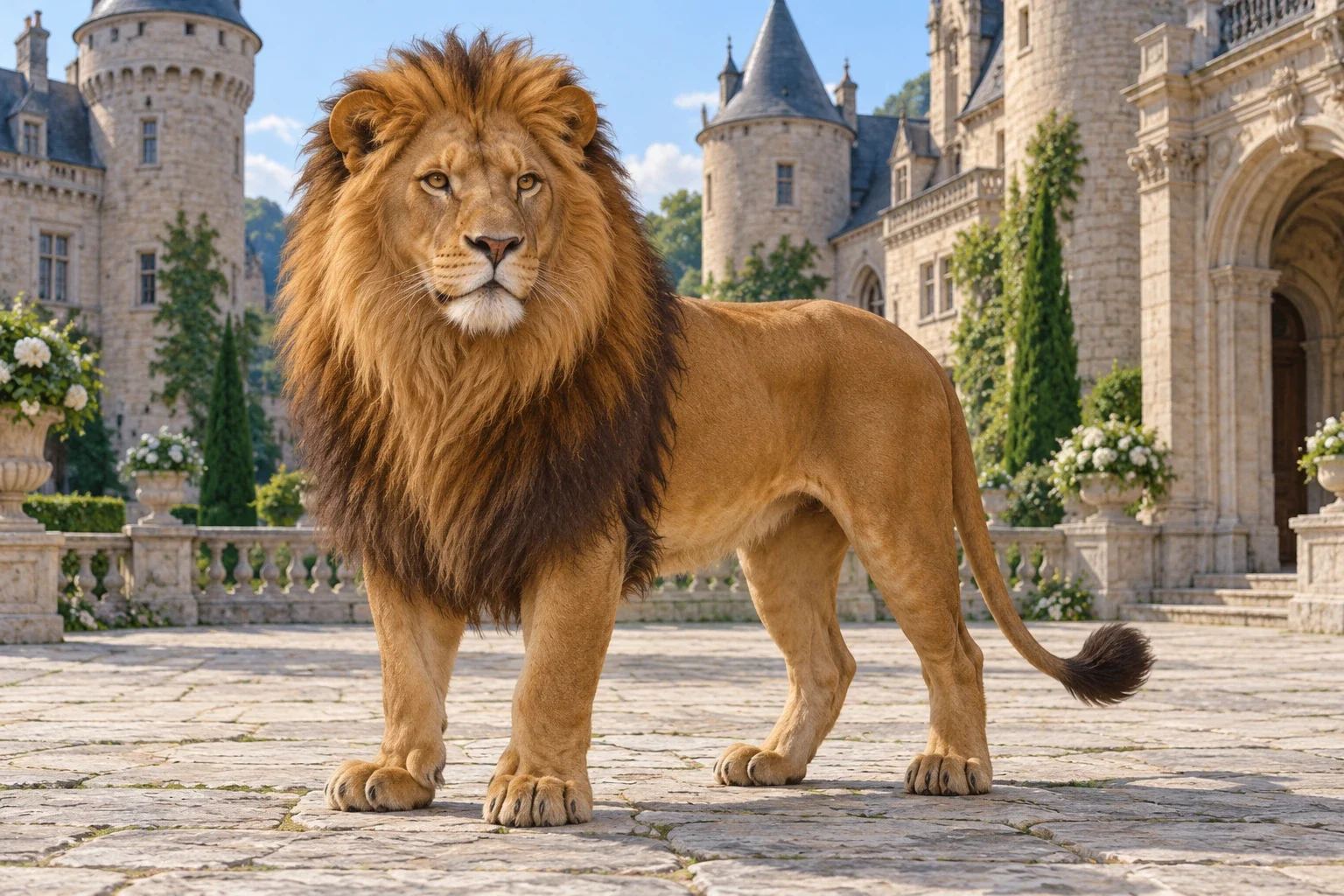 AI interpretation of Perrault’s ogre in his demonstrated lion form, standing whole in an imagined castle courtyard