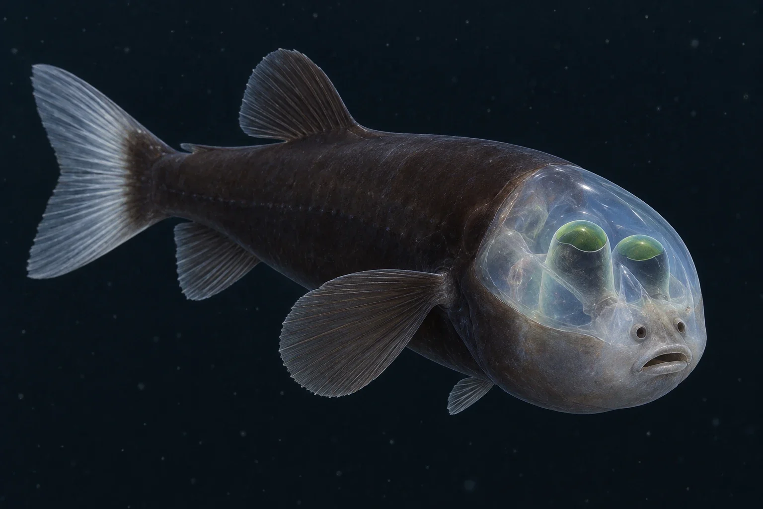Modern AI interpretation of a whole transparent headed barreleye.