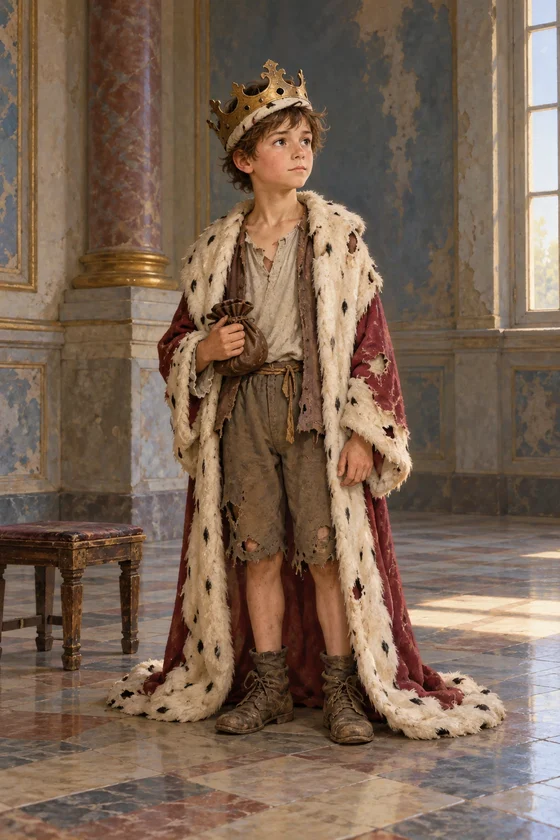 A ten-year-old king with a worn robe, empty-jewel crown and small leather purse