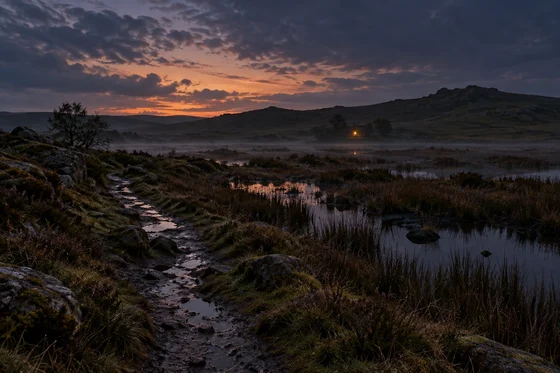Imagined bog margin at dusk with a foreground path and one distant warm light