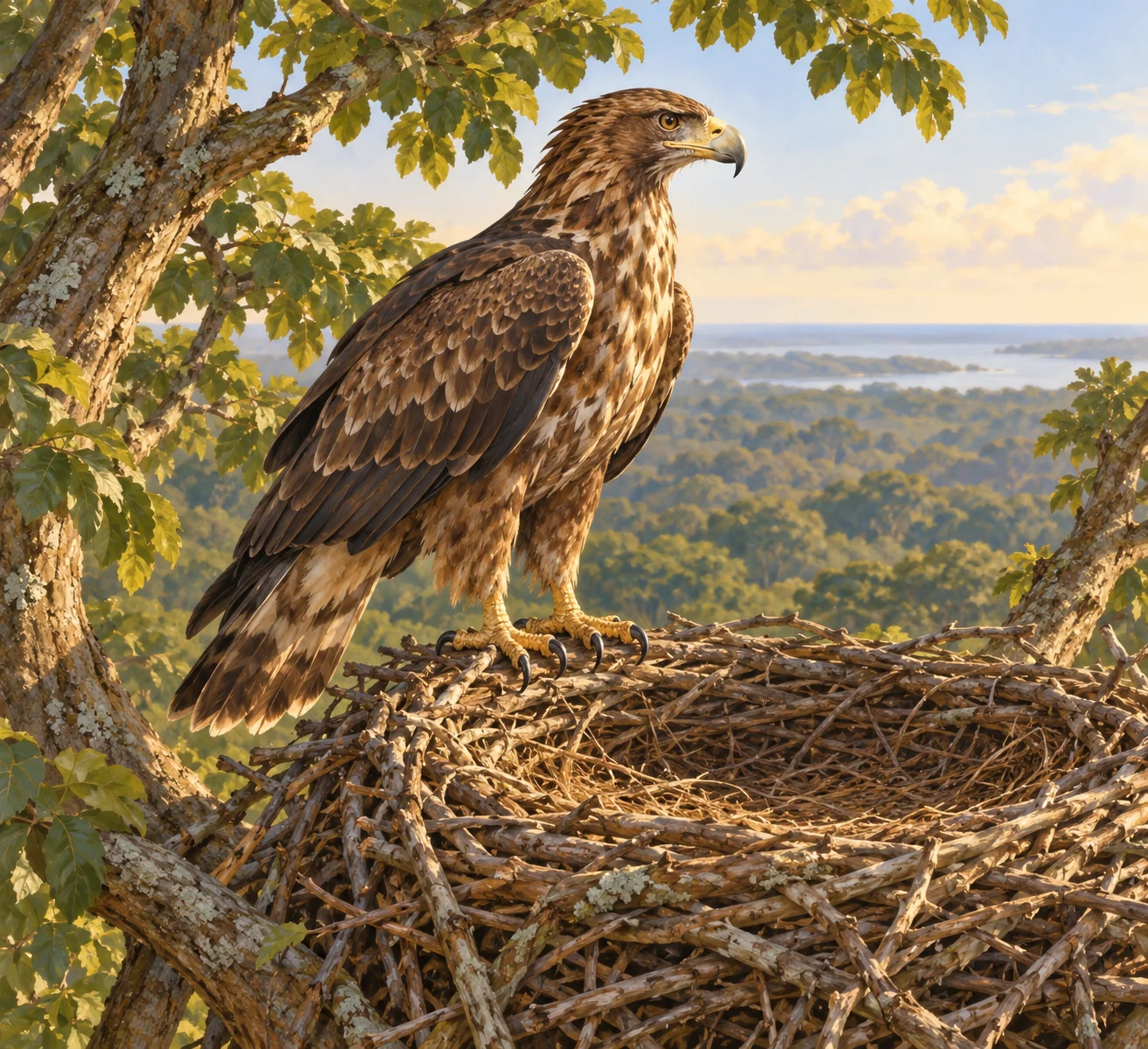 Complete imagined eagle on an empty nest with both feet visible.