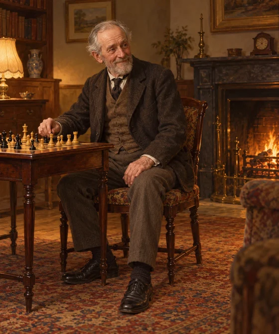 AI interpretation of the thin-grey-bearded Mr. White at the opening chess evening before the paw is introduced.