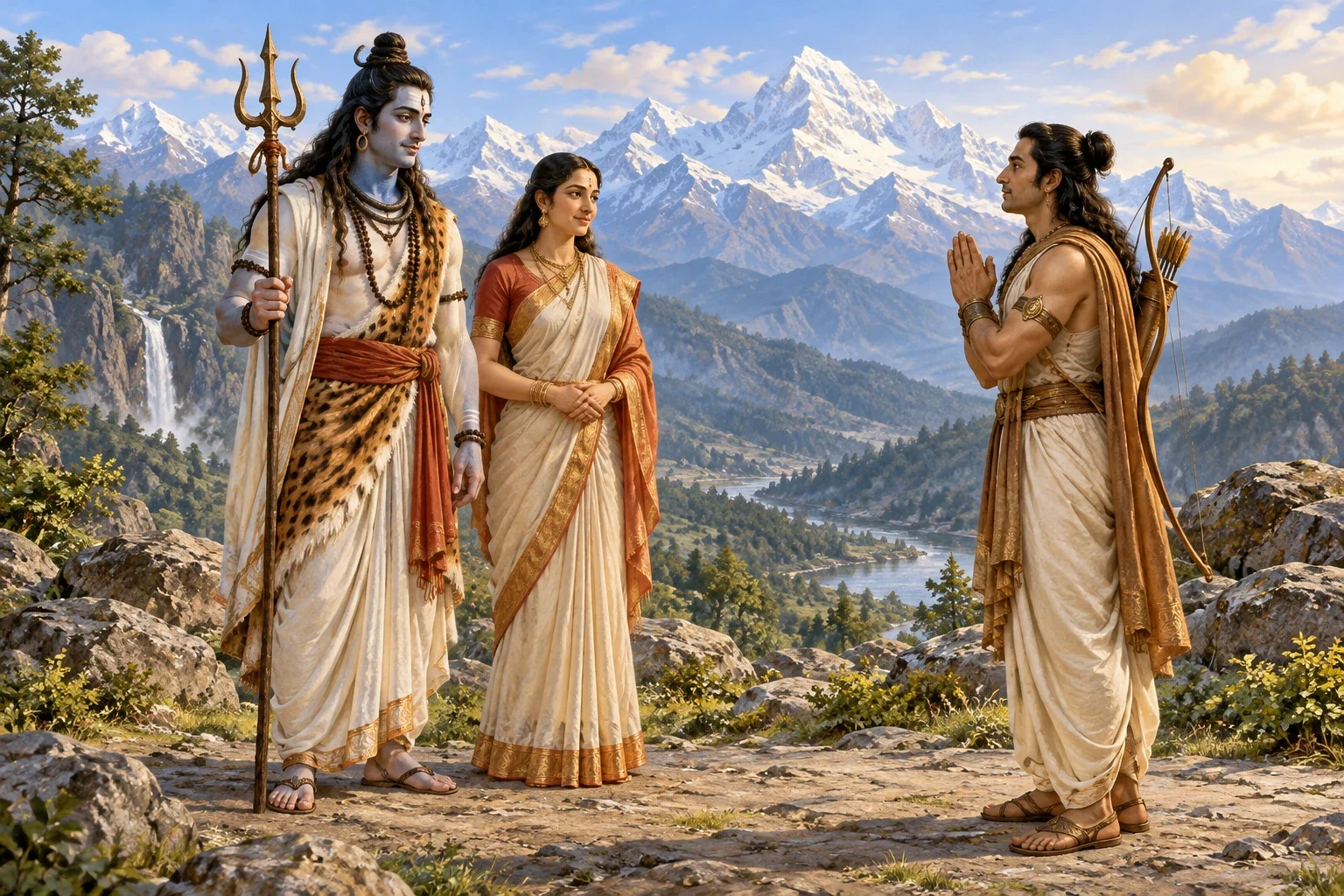 A modern interpretation of Shiva and Uma facing Arjuna with joined hands on a mountain plateau.