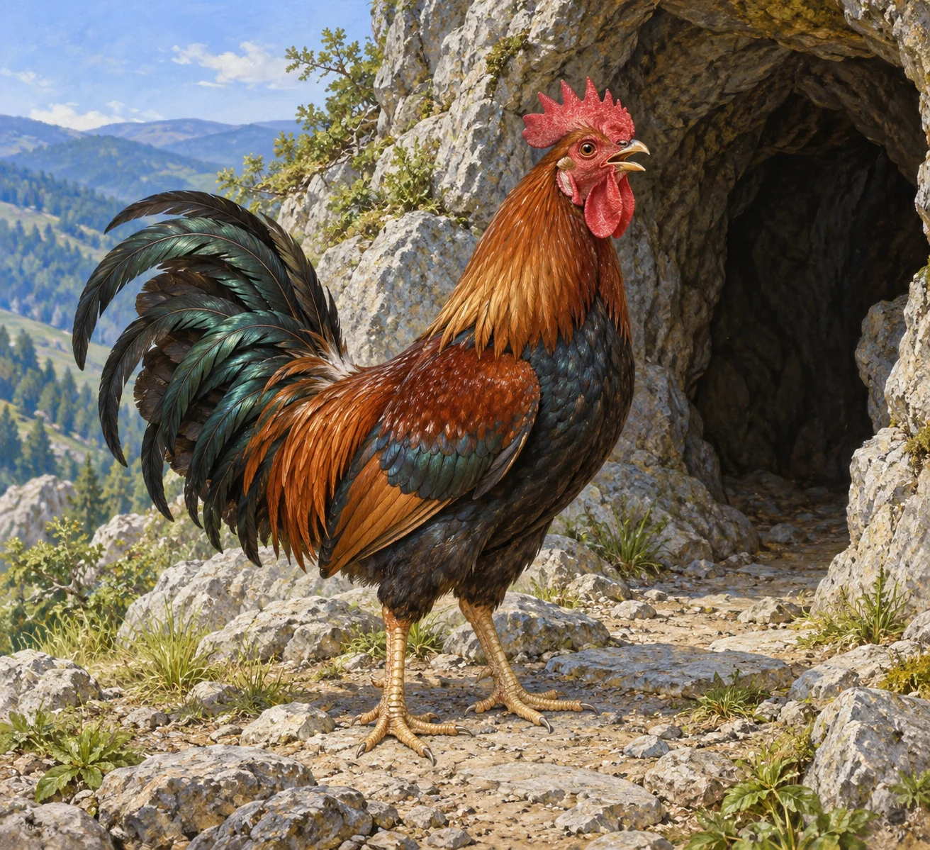 A complete copper-brown rooster with a red comb and dark curved tail stands beside a rocky cave.
