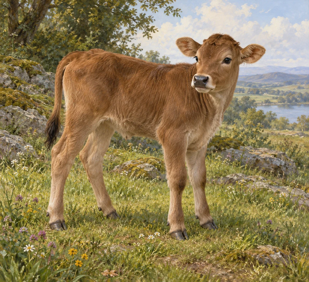 Complete living calf with four hooves and tail in a quiet meadow.