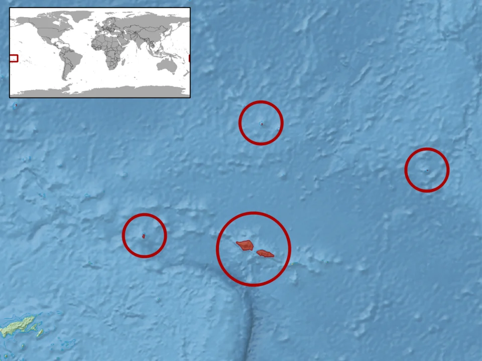 geographic distribution of Emoia adspersa (Native:
American Samoa (American Samoa, American Samoa, Swains Is.); Cook Islands (Cook Is.); Samoa; Tokelau; Tuvalu; Wallis and Futuna)