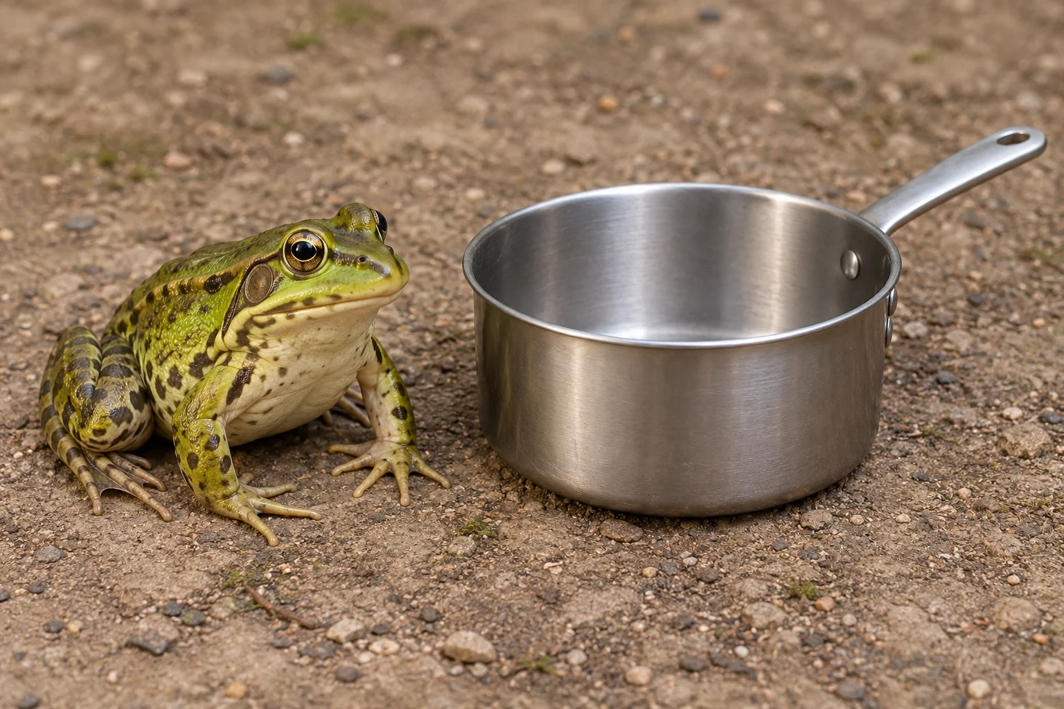 A complete frog beside an imagined plain saucepan.
