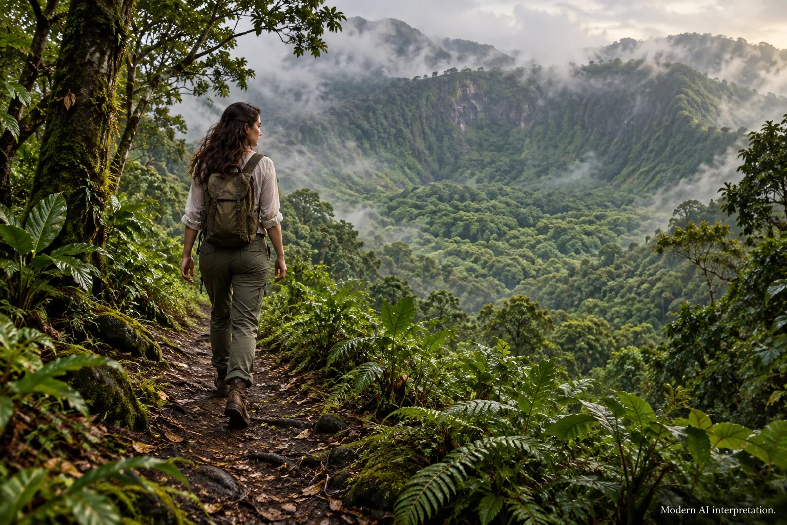 Modern AI interpretation of Amélia approaching a forested crater.