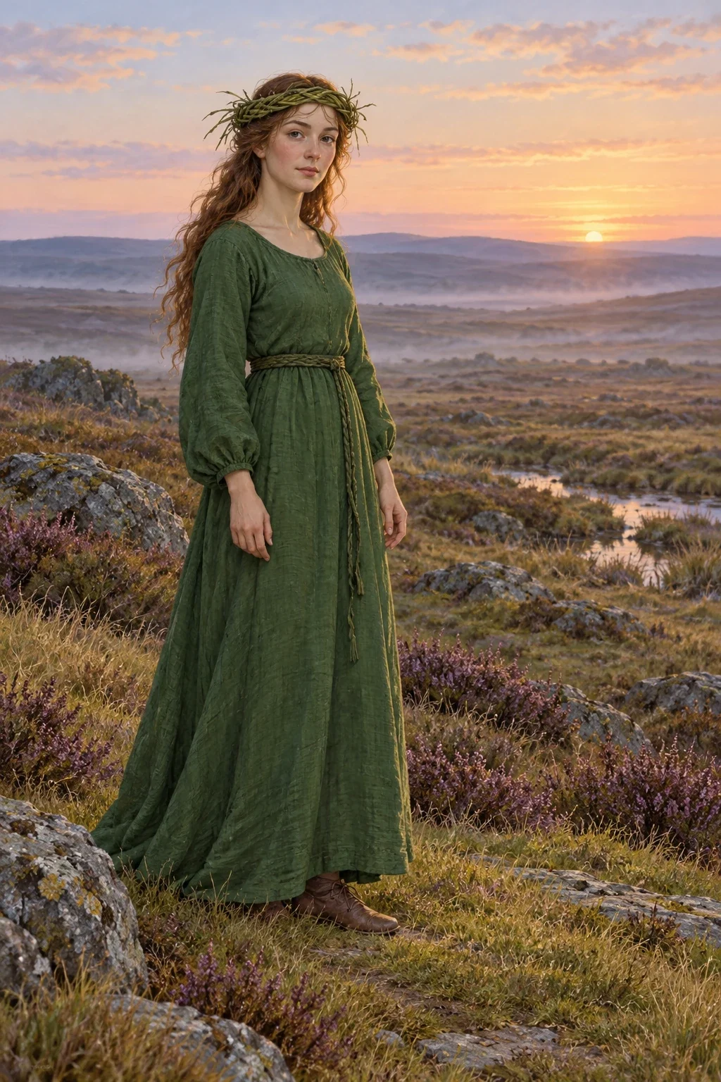 A maiden in a green dress and plaited rush headgear stands on a moor at dawn.