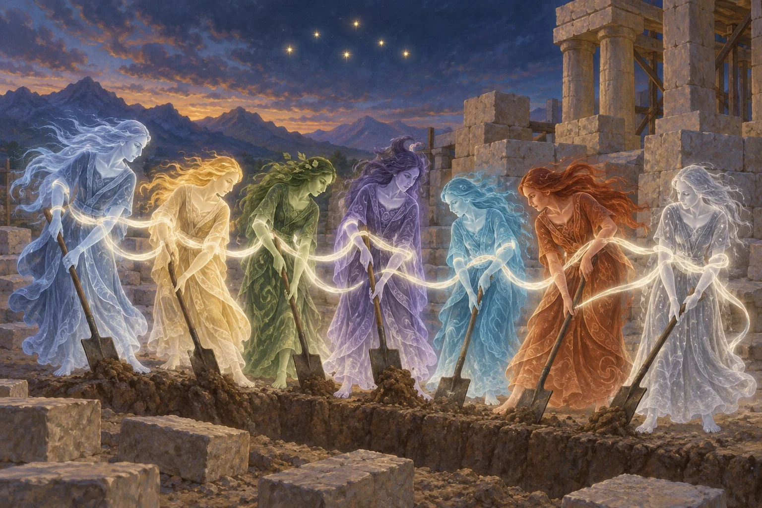 Seven star spirits (Testament of Solomon) - AI-generated imagined folklore illustration.