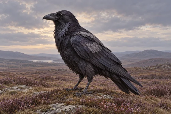 An aged purply-black raven with gray feathers stands on an open heath.