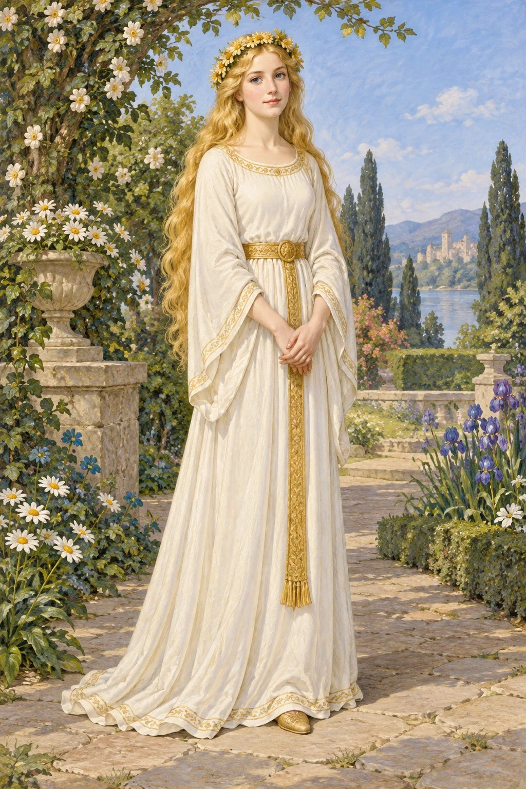 Adult Princess Joan in a white gown and daisy wreath