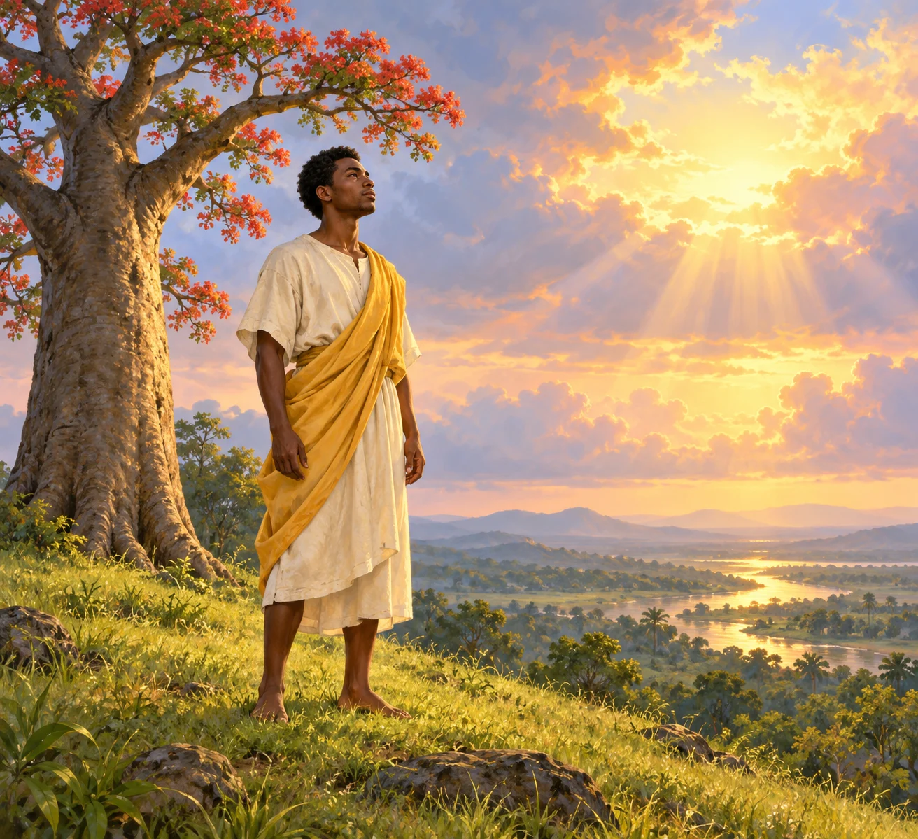 Complete imagined prince beside a tall tree, looking into dawn light.