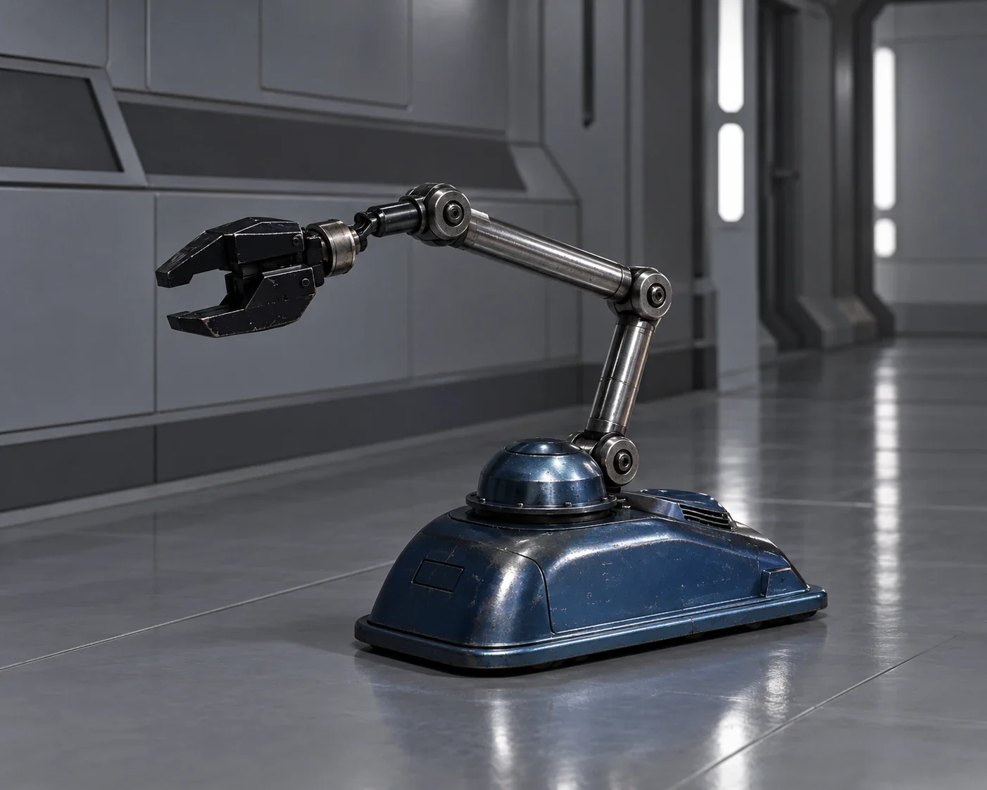 Blue maintenance robot with jointed arm and dark gripper.