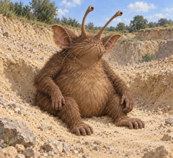 Unofficial AI interpretation of the Psammead in its sandy hollow. Stalk-tip eyes, bat-like ears, tubby brown fur, whiskers and monkey-like hands and feet follow the text. Fine proportions, limb arrangement, face and setting are imagined; no literal spider limb-count claim is made.