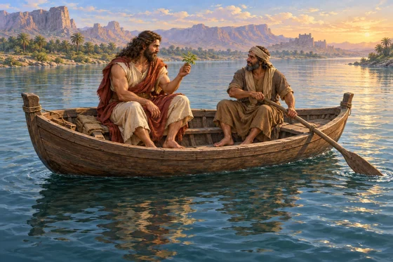 Two imagined robed adult travellers sit in a complete wooden boat, one holding a small plant.