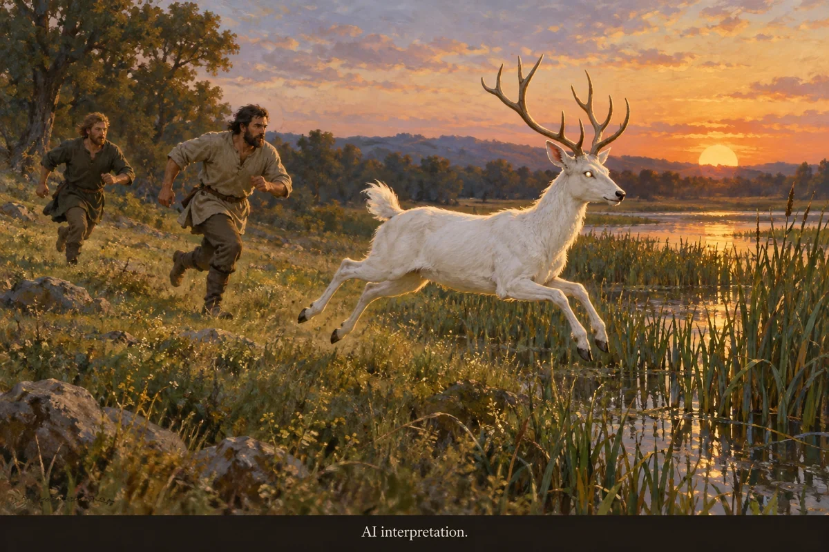 AI interpretation of Móra’s white animal chase. Landscape and hunters imagined; selected opening only.