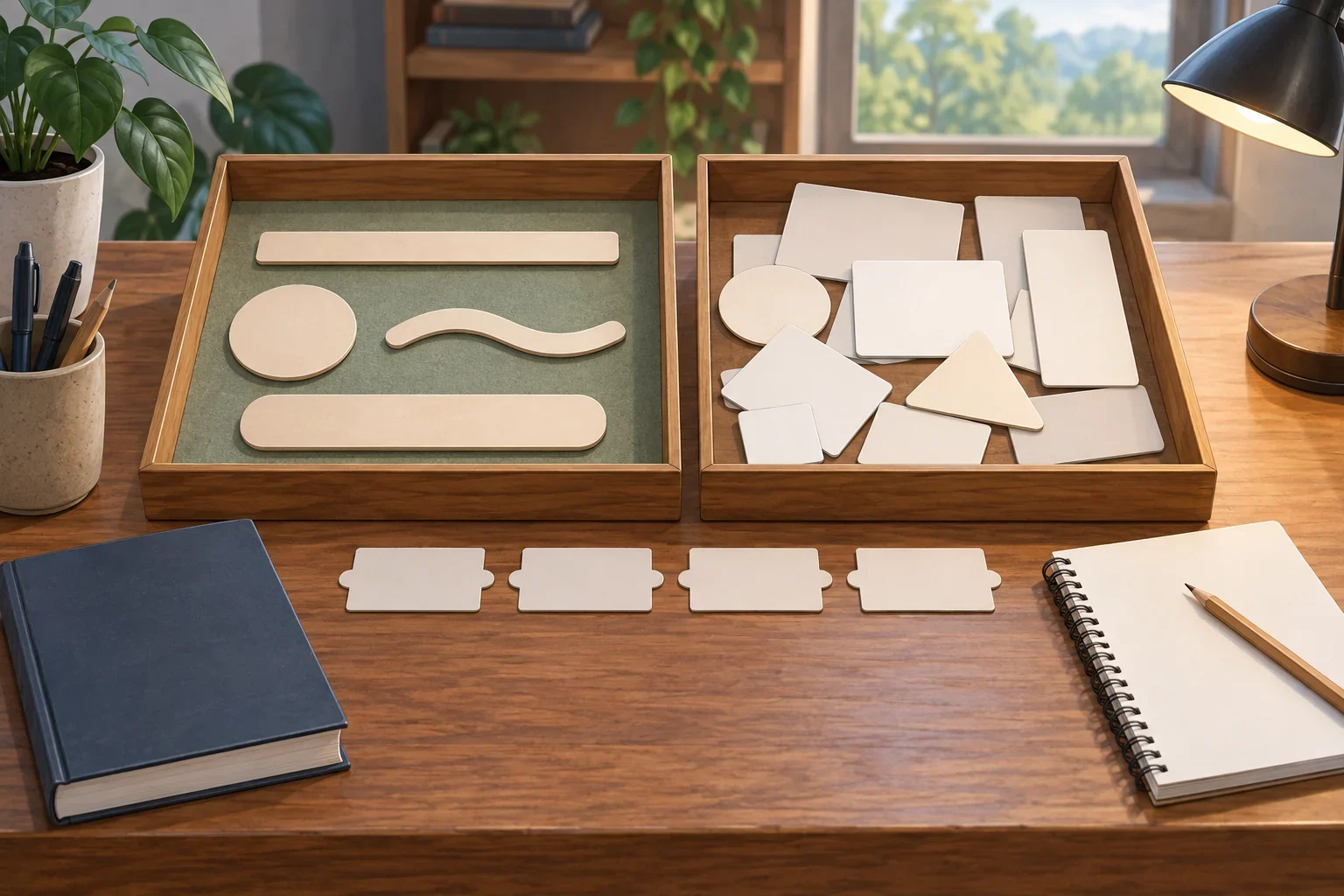 Imagined Tanimuka study desk with neutral shape props and blank classification trays