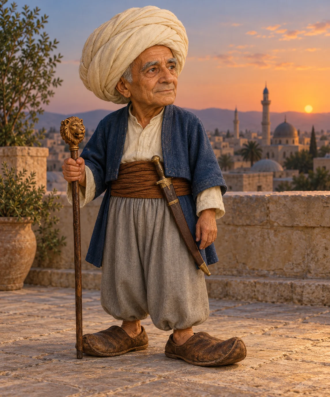 A complete dignified elderly man with a large turban, blue cloak, broad slippers and a lion-headed staff stands on a quiet terrace.