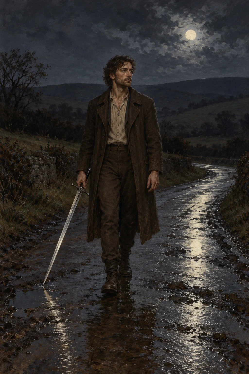 AI interpretation of Dunsany's Puglioni carrying an unbloodied sword on a quiet wet country road.