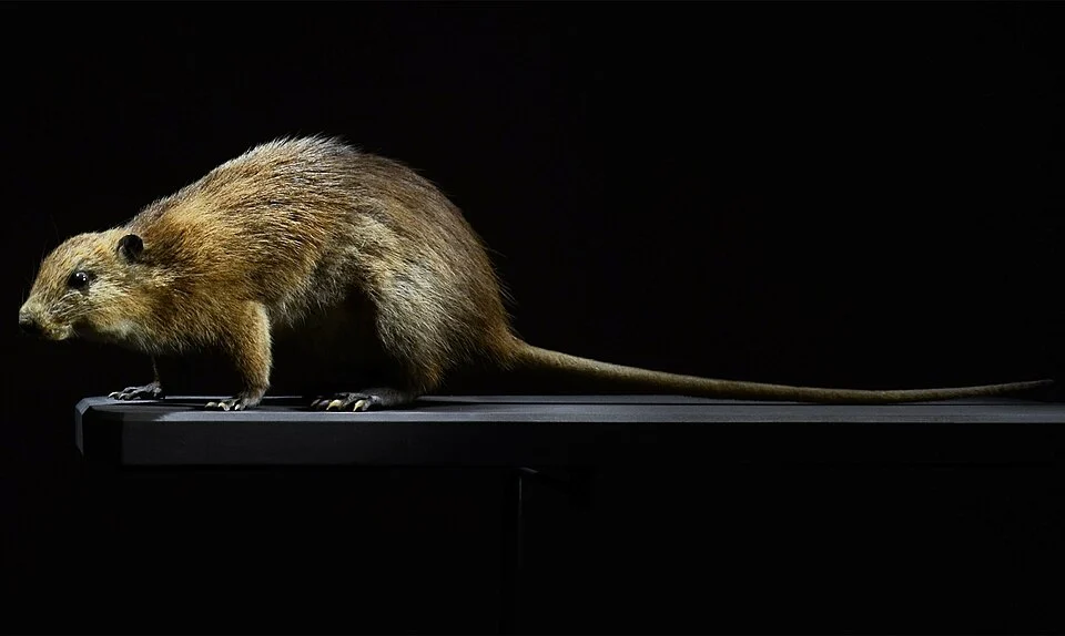Rat pilori de la Martinique (Megalomys desmarestii ), espèce éteinte. Specimen naturalisé exposé dans la Grande Galerie de l'Evolution au Museum National d'Histoire Naturelle, à Paris.