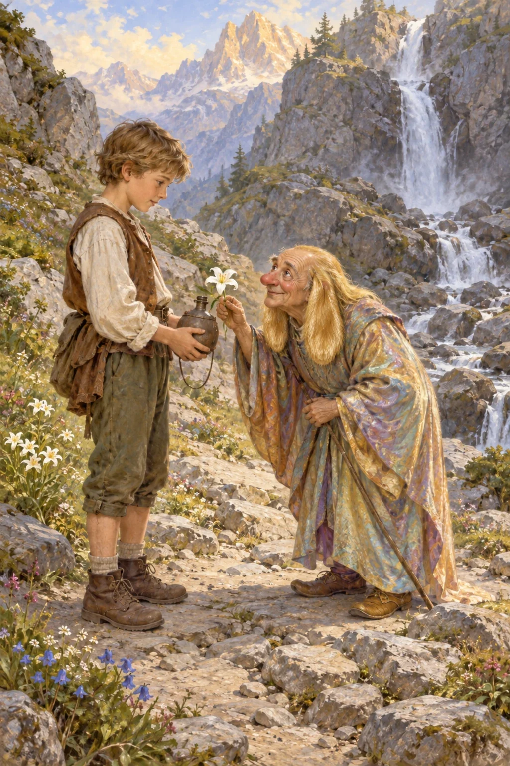 Modern AI interpretation of the river king giving lily dew to Gluck.