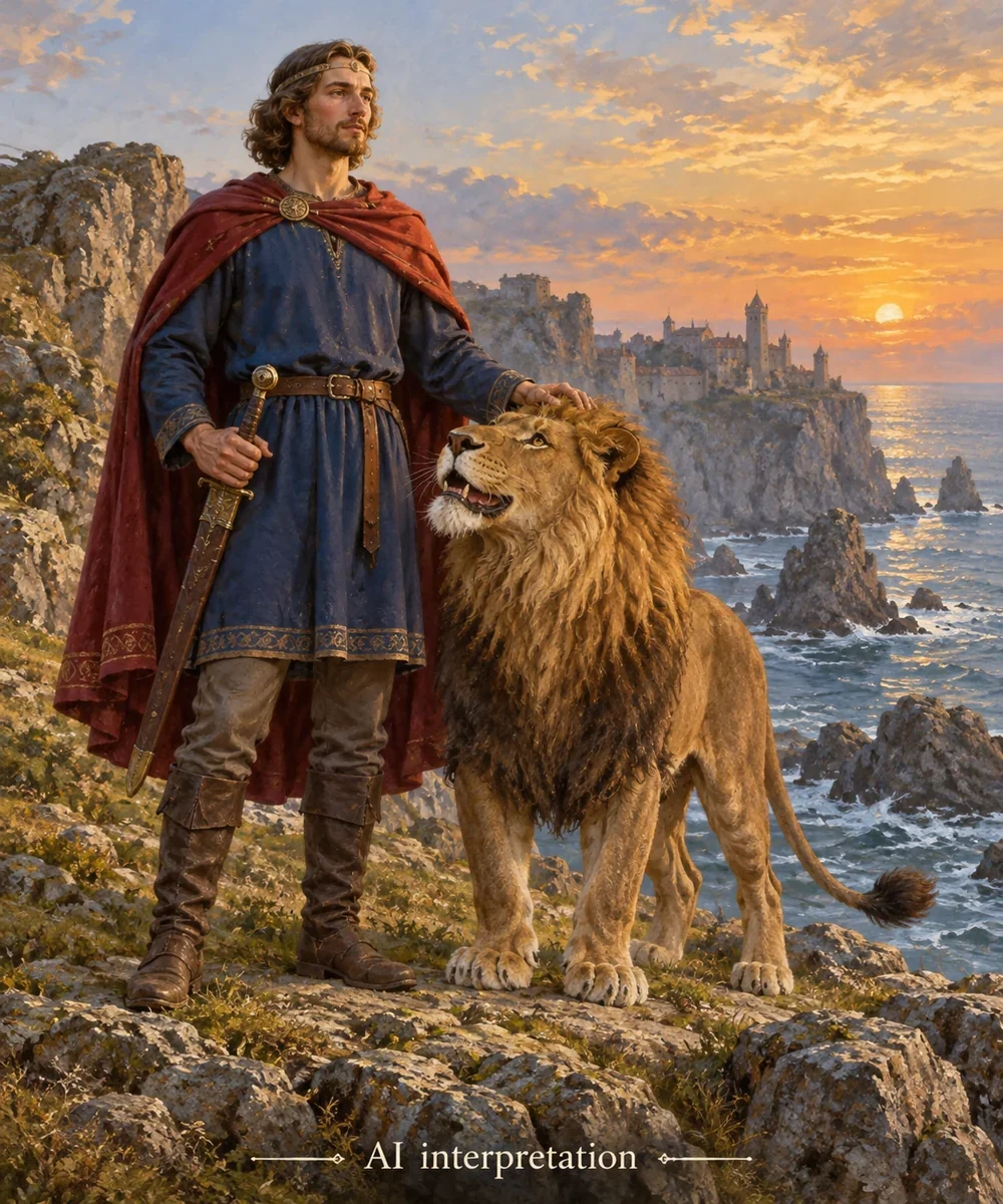AI interpretation of Bruncvík with lion and sword. Bodies, cliffs and distant town imagined; no monument copied.