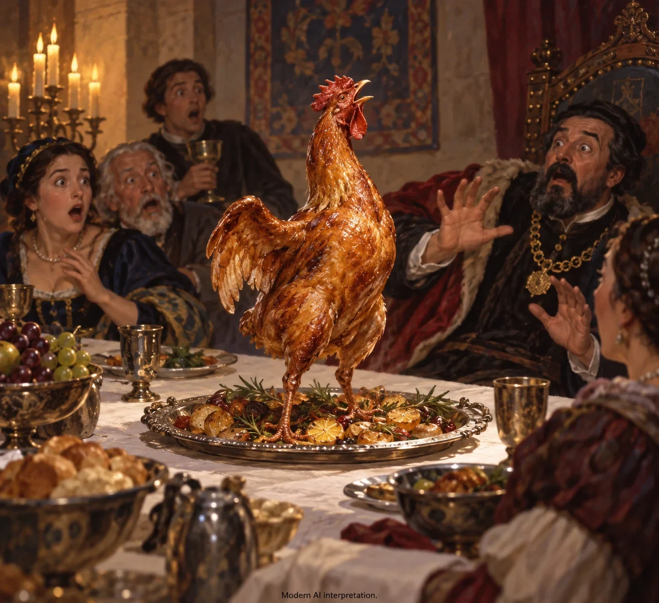 An imagined roast cockerel rises and crows at the judge’s banquet.