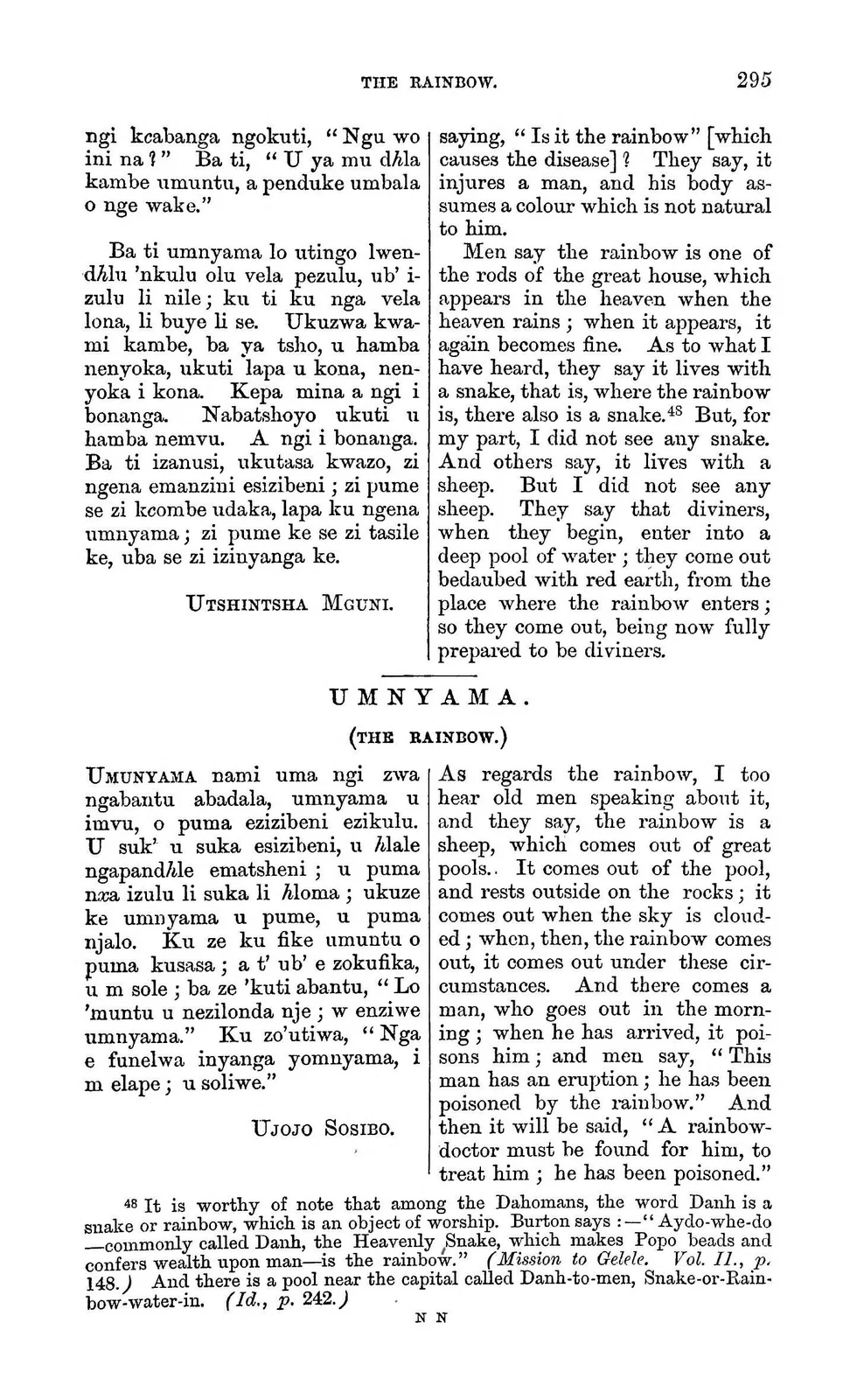 Umnyama in Callaway’s Rainbow Accounts: documentary text witness, Callaway 1868, printed page 295; documentary source-page facsimile