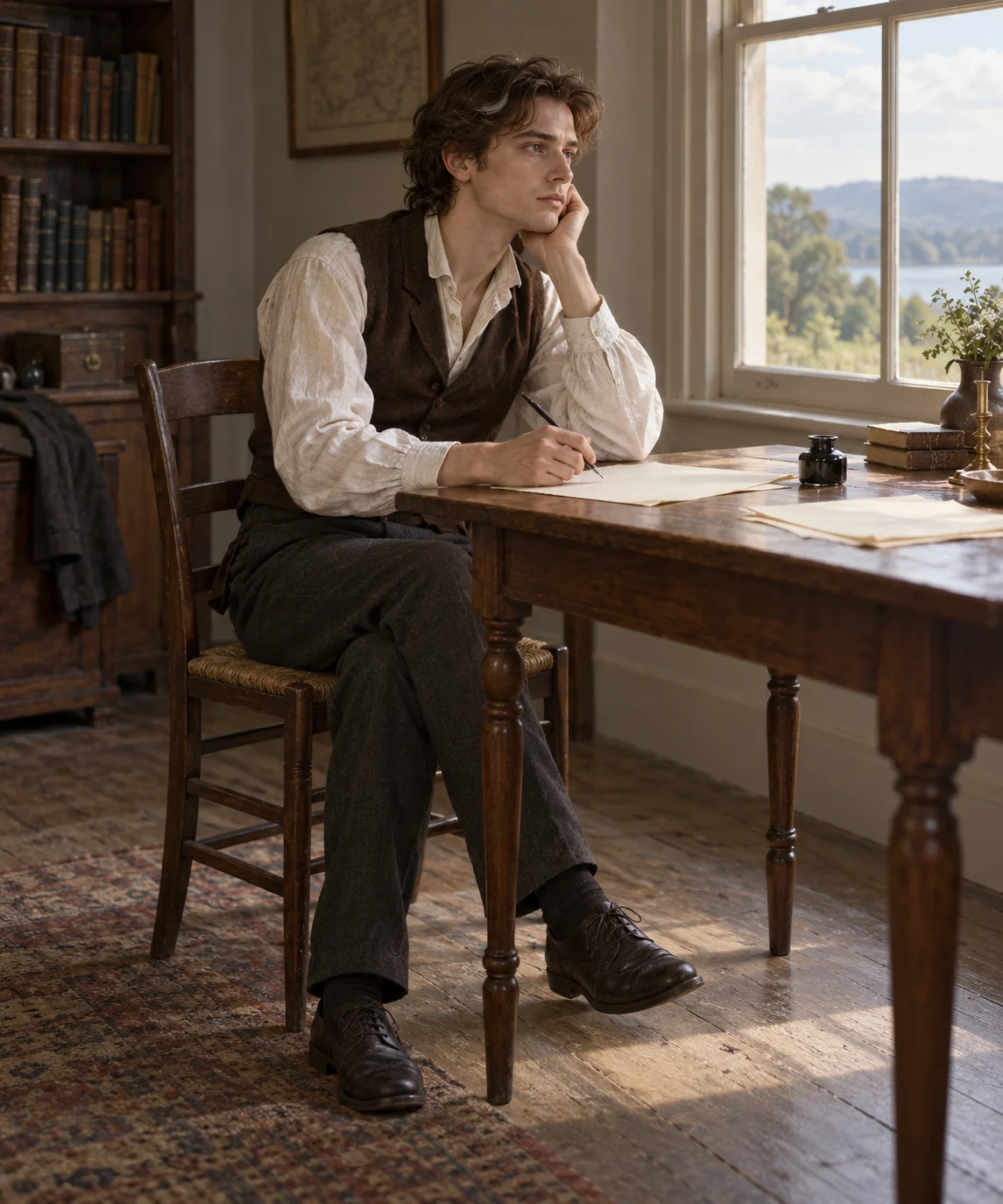 A youthful chestnut-haired man sits beside blank pages, his unlined face carrying a tired, reflective expression.