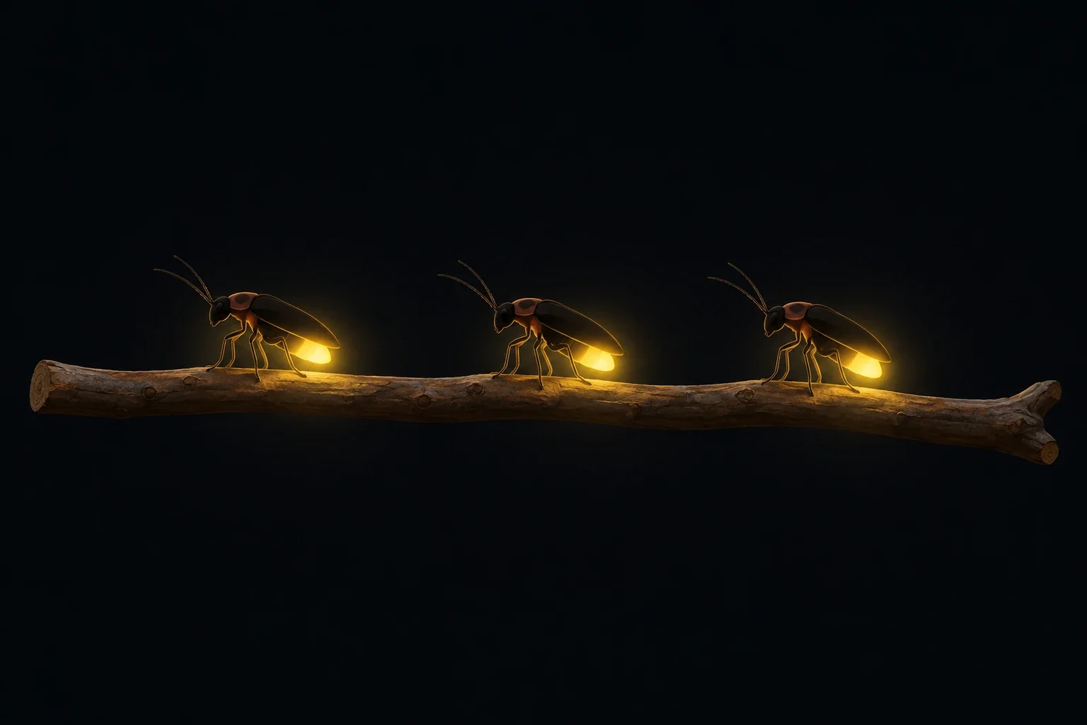 Modern AI conceptual illustration of coordinated firefly flashes.