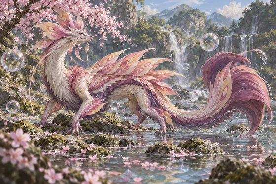 Pink and white slender creature stands among shallow stream bubbles.