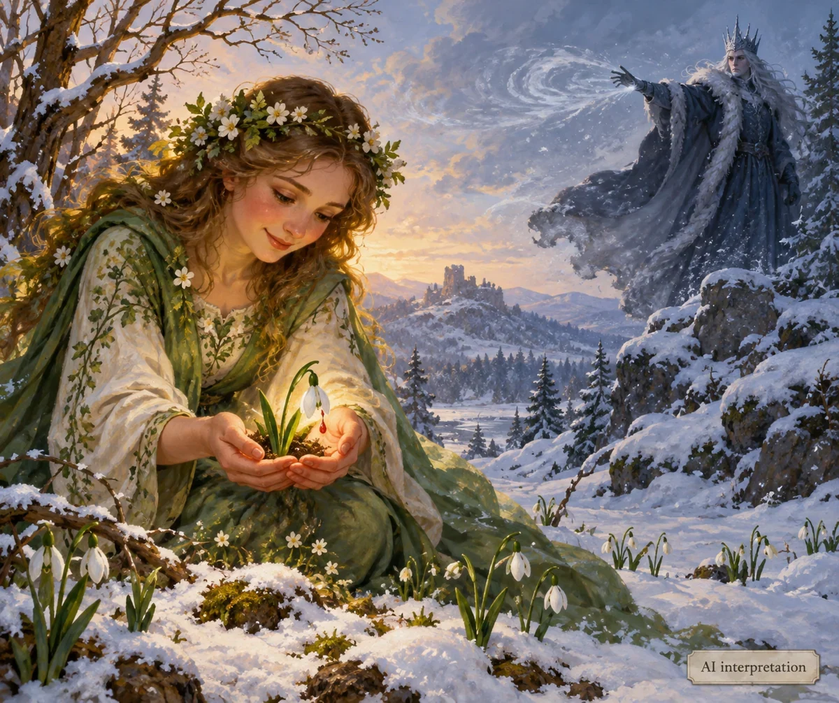 AI interpretation of Spring’s snowdrop rescue. Figures and setting imagined.