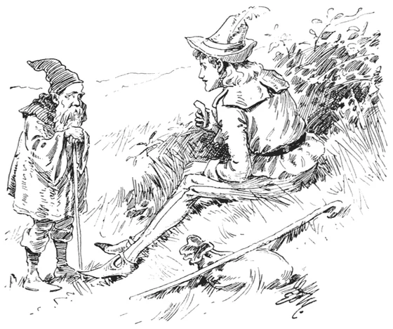 A small bearded Tritill stands with his staff beside seated Harald, who extends a piece of food amid a grassy hillside.