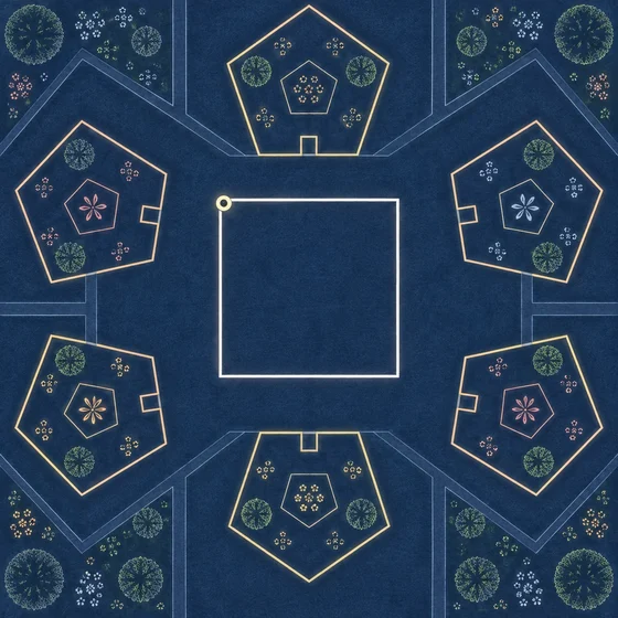 Modern AI explanatory interpretation of A Square as a flat four-sided outline with a corner eye, seen overhead within pentagonal house outlines. Colours and outside viewpoint are imagined; native Flatlanders see edges.