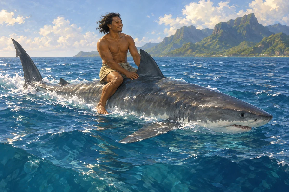 AI interpretation: Tafaʻi rides his shark over the sea ahead of Arihi’s expedition.