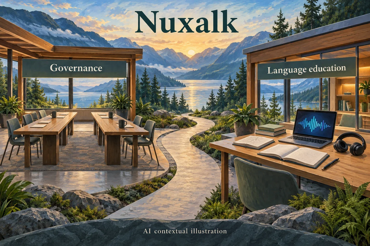AI concept linking Nuxalk governance and language education.