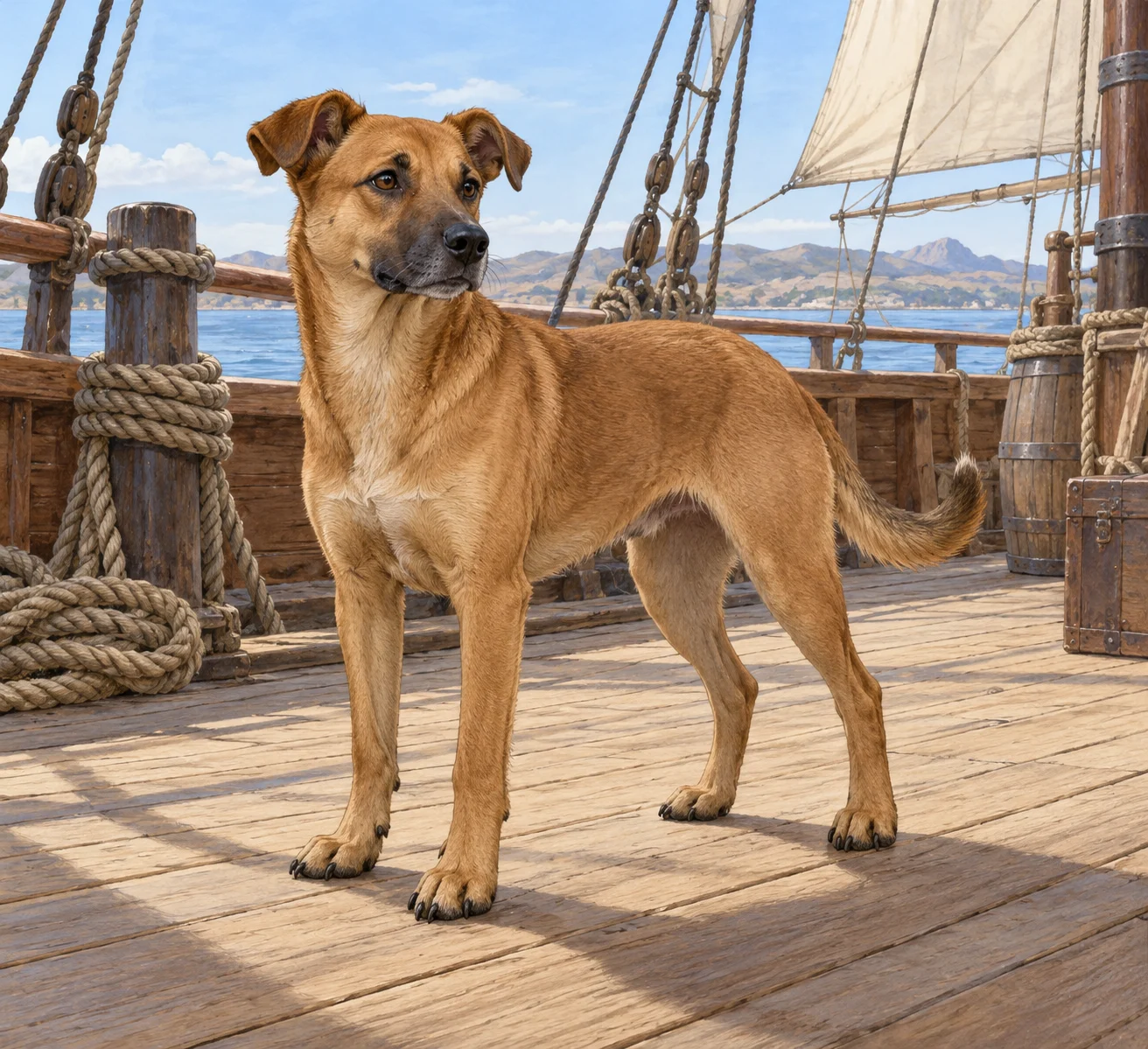 A complete tawny dog stands alert on a wooden sailing-ship deck, with all four paws and its tail visible.