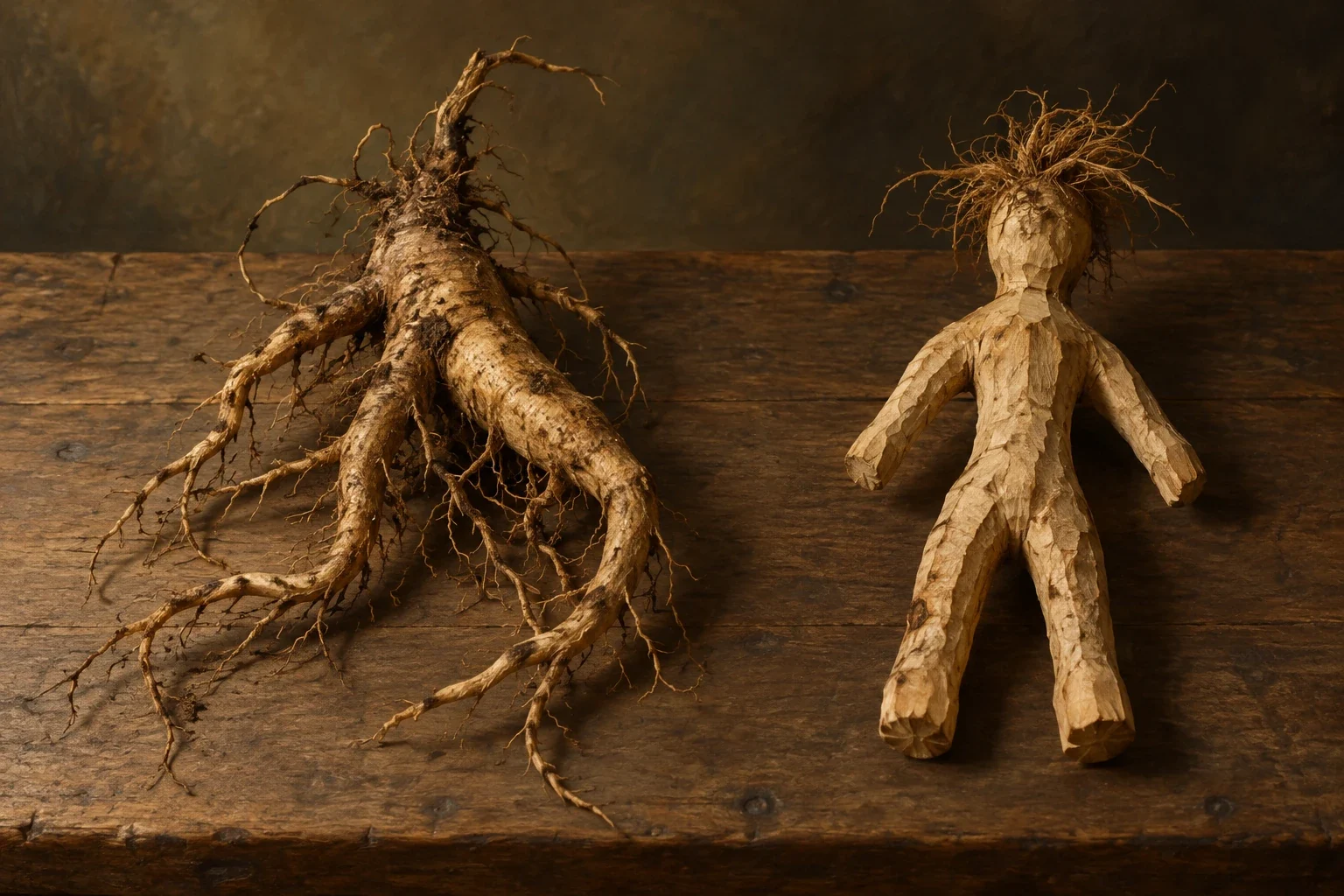 An irregular forked root beside an obviously carved humanlike root figure on an imagined wooden table
