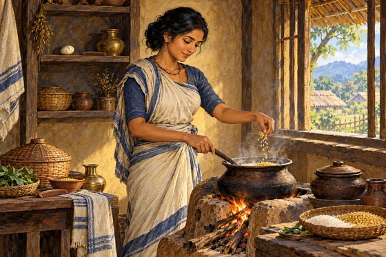 A woman prepares rice and pulse beside a hearth; a small bird egg rests on a shelf behind her.