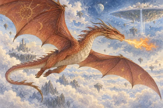 An imagined immense noble dragon flies through a magical sky.